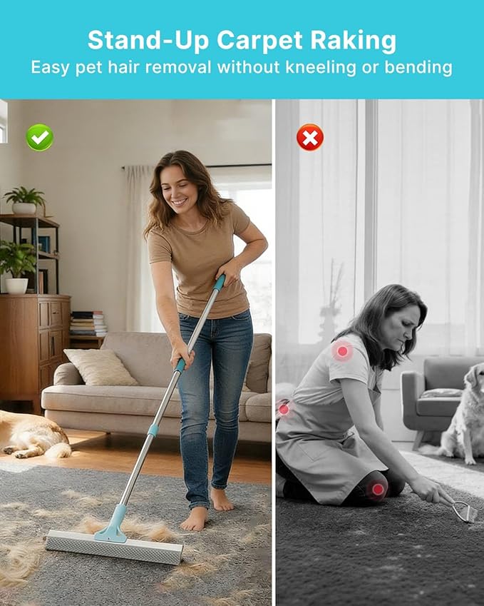 Carpet Rake for Pet Hair Removal Tool Upgraded Reusable Carpet Scraper Broom with 54” Adjustable Long Handle Premium Sturdy Cat &amp Dog Hair Remover Carpet Brush for Rugs Mats Couch