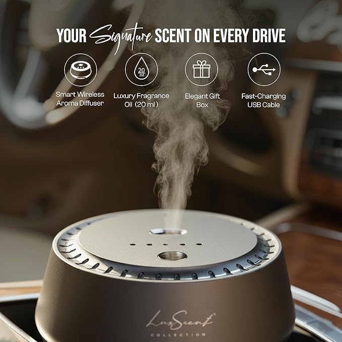Smart Car Diffuser with 20ML Scent Oil Included - Car Air Freshener - Aromatherapy Diffuser - Portable Compact Cordless and Quiet Device - Deluxe Car Diffuser Luxscent Collection