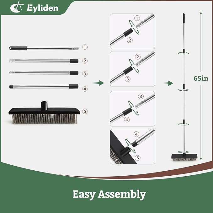 Eyliden Push Broom Heavy Duty Moss Wire Scrub Brush with Stainless Steel Bristles 65 Long Handle Scrubber Brush for Deck Floor Concrete Roof Patio Pool Outdoor Cleaning