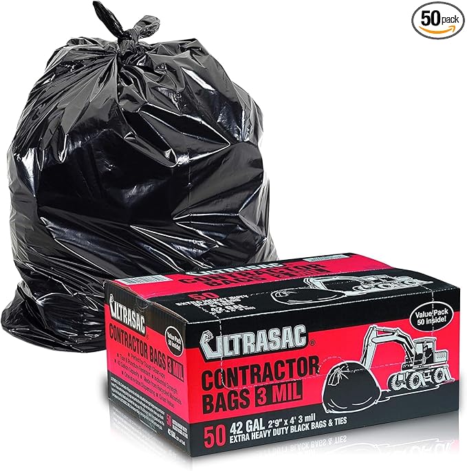Ultrasac Heavy Duty Contractor Bags (VALUE 50 PACK/w TIES) 42 Gallon 32.75 X 47 - 3 MIL Thick Large Black Industrial Garbage Trashbags for Construction and Commercial use