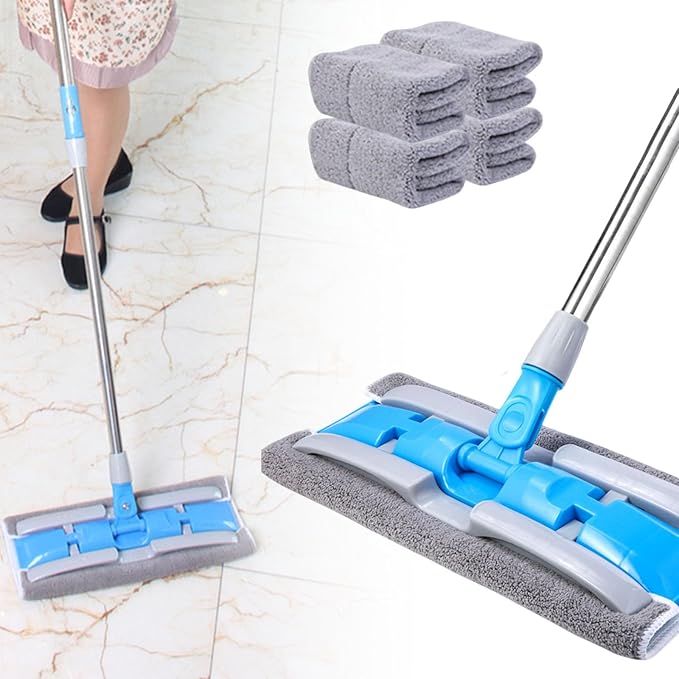 Flat Mop with Stainless Steel Handle with Reusable Washable Mop Cloths 2025 Professional Microfiber Mops Floor Cleaning Mops 4 Reusable Washable Pads (Light Blue Four mops)