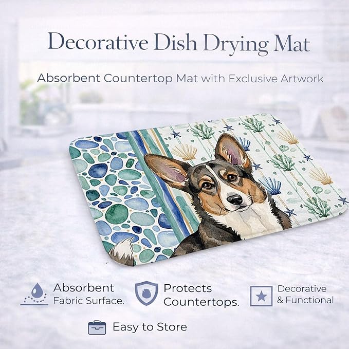 Caroline's Treasures Brindle Cardigan Welsh Corgi Coastal Sea Glass Dish Drying Mat Absorbent Dish Drying Mat Pad for Kitchen Counter Dish Drainer Mat for Countertop 14 x 21 Multicolor