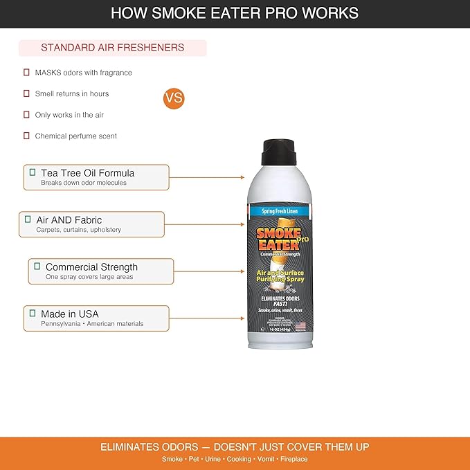 Smoke Eater Pro 16 oz Odor Eliminator Spray — Commercial Strength for Smoke Pet Urine and Cooking Odors — Air and Fabric Deodorizer with Tea Tree Oil — Made in USA (Spring Fresh Linen)