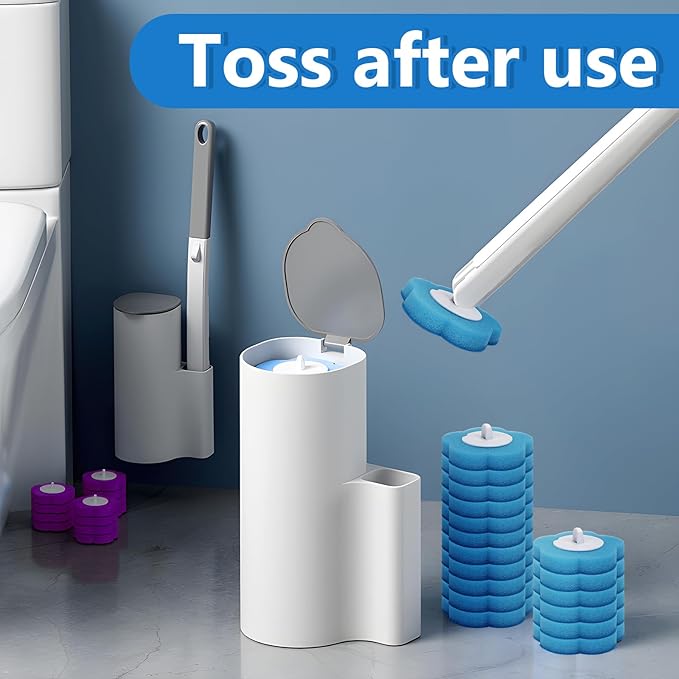 2 Pack Disposable Toilet Bowl Cleaner Wand and Holder Set Toilet Brush Disposable with 48 Cleaner Refills Extended Handle for Toilet Bowl Cleaners Disposable Bathroom Cleaning Bathtub