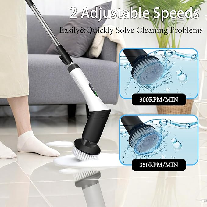 Spin Scrubber9-In-1Multifunctional Cleaning Brush with Detachable Handle9 Replaceable Brush Heads&ampLCD DisplayRechargeable Electric Spin Scrubber for BedroomBathroomKitchenCar