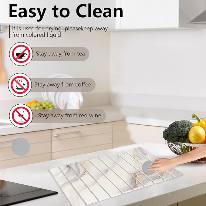 Large Stone Drying Mat for Kitchen Counter 23.3(L)×15.3 (W) Collapsible Dish Drying Mat Eco-Friendly Absorbent Diatomaceous Earth Mat for Dishes Bottles Cups Match Any Countertop (White Gold)