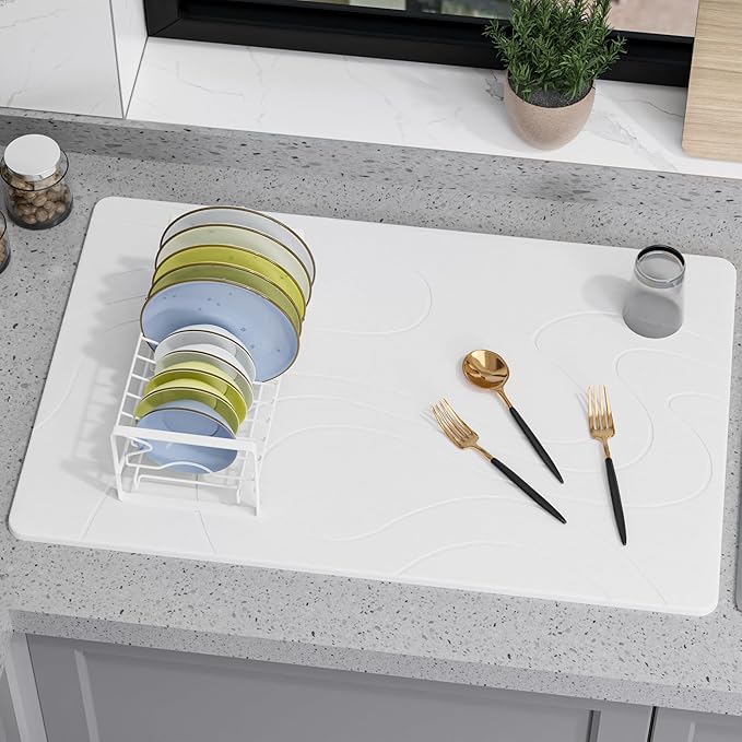 Large Stone Drying Mat for Kitchen Counter 24 × 16 Diatomite Dish Drying Mat Quick Dry Stone Mats Ultra Absorbent Natural Diatomaceous Earth Mats for Dished Bottles White
