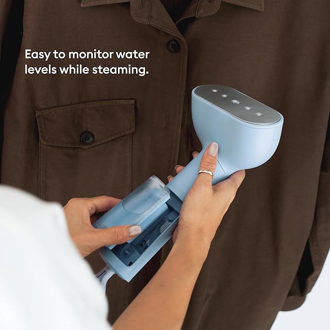 Steamery Handheld Clothes Steamer Cirrus Core 1350W Steam Output 0.74 oz/min Heat up in 15 Seconds Dry Steam Technology Hanging Loop Visible Water Tank Portable Scandinavian Design (Blue)