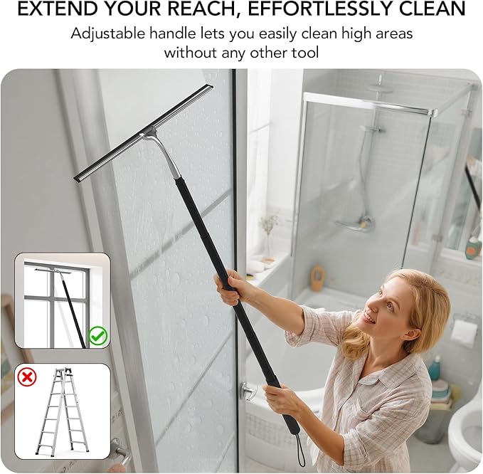 Shower Squeegee with Long Handle 15-51 Telescopic Squeegee for Window Cleaning Window Squeegee for Glass Doors Extendable Window Cleaner Tool for Tile Walls Sliding Door Floor Car Windshield