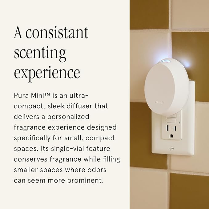 Pura Mini Smart Fragrance Diffuser for Small Spaces Adjustable Smart Home Device with LED Light &amp Automatic Vial Detection - Includes 1 Scent Refill White Tea no.1