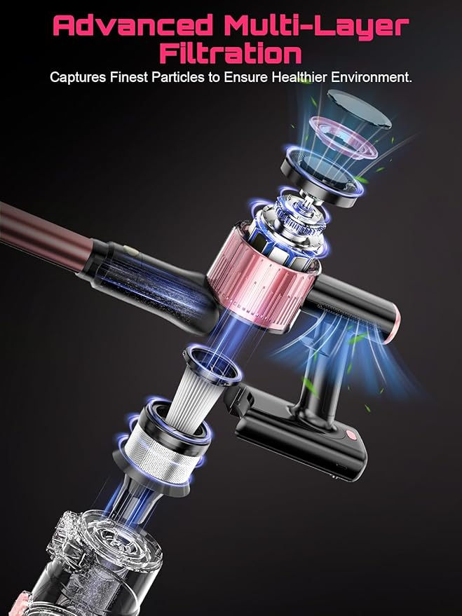 Cordless Vacuum Cleaner 10 in 1 Stick Vacuum with Powerful Suction Hose Green LED Light Anti-Tangle Brush Lightweight Rechargeable Vacuum Cleaner for Home Hardwood Floors Carpets Pet HairPink