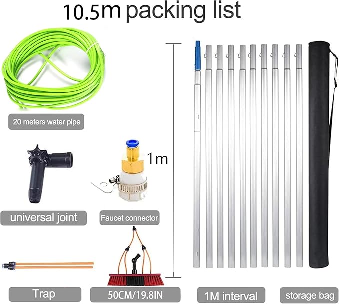 Window Cleaning Pole Hose Fed Water Fed Telescopic Extendable Solar Panel Conservatory Brush Equipment Kit/10.5M Pole/50Cm Brush Head
