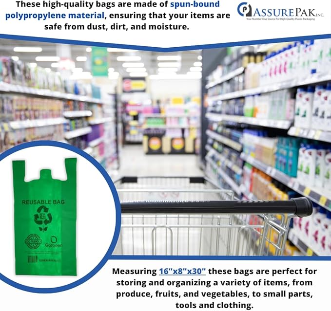 ASSUREPAK Green PP Non Woven Reusable Bags - 100 Bags - 1/6 BBL 12X7X22 - 45 GSM - Green - 12722GRNPPNWRB45