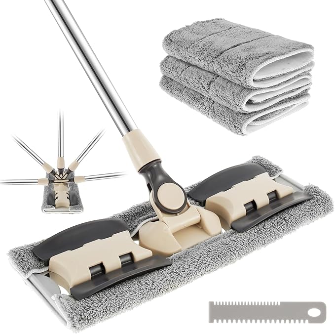 Microfiber Dust Mop with Adjustable Handle360 ° Rotating Floor Cleaning Mop with 3 Replacement Mop Pads Scraper 32inch Long Handle Flat Floor Mops Wet or Dry Microfiber Cleaning Mop for Floor