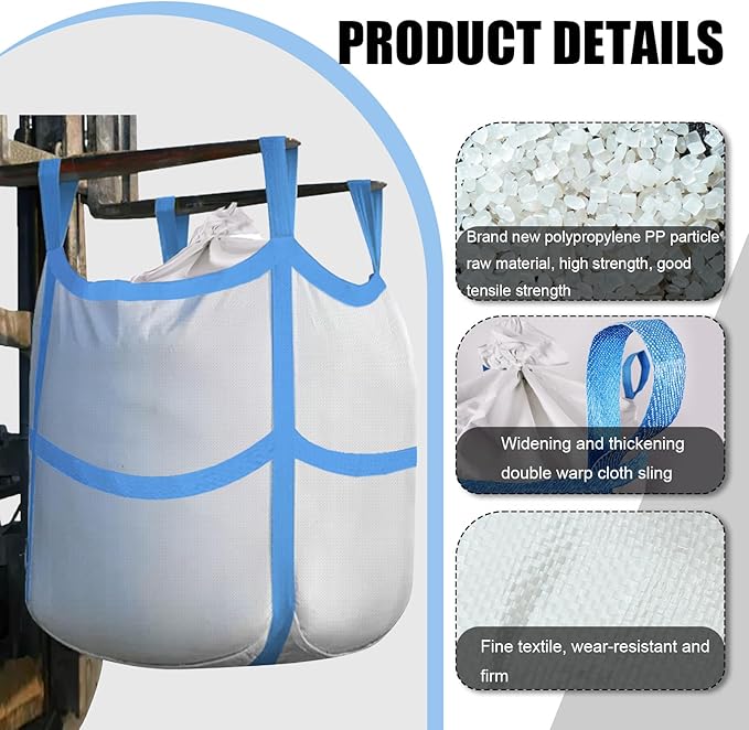 10Pcs FIBC Bulk BagOne Ton Bag 35.4L x 35.4W x 43.3H3300lbs SWL Safty Factor 3:1Woven Polypropylene BagsFour HangingDuffle Top Flat X-Bottom