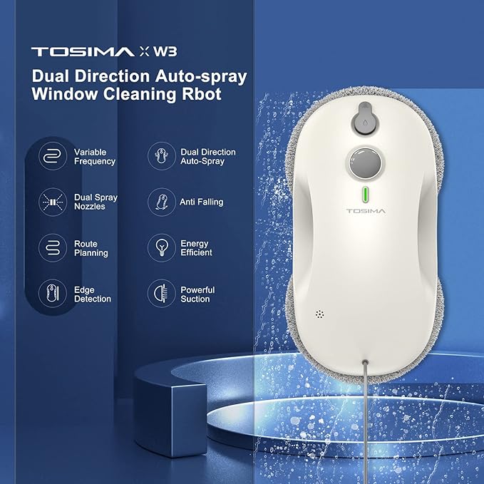 Tosima W3 Window Cleaning Robot - Dual Direction Auto-Spray Smart Window Cleaner with Triple Safety System Smart Navigation Remote Control for All Smooth Surfaces with 12 Rags White