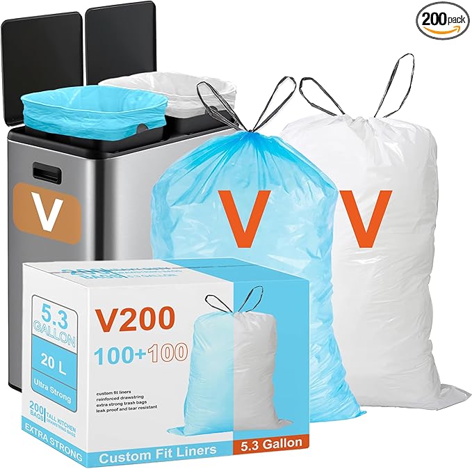 Code V200 Count Compatible with simpIehuman Code V Heavy Duty Trash Bags THICK Garbage Can Liners Reinforced Drawstring Trash Bags Blue V 100 &amp White V 100 TOTAL 200 Count GRAND SAVE!