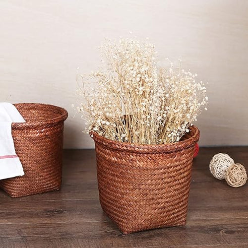 1pc Straw Woven Wastebasket Retro Garbage Can for Home Multi-Functional Storage Basket Smooth Edges Craftsmanship for Living Room Bedroom Office
