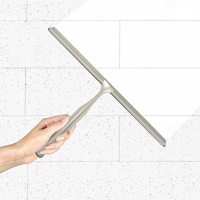 Better Living Deluxe XL Shower Squeegee Multi-Purpose Silicone Squeegee Blade with Storage Hook Rust-Proof Heavy Duty Window Glass Shower Scrubber Windshield Wiper 12 Brushed Nickel