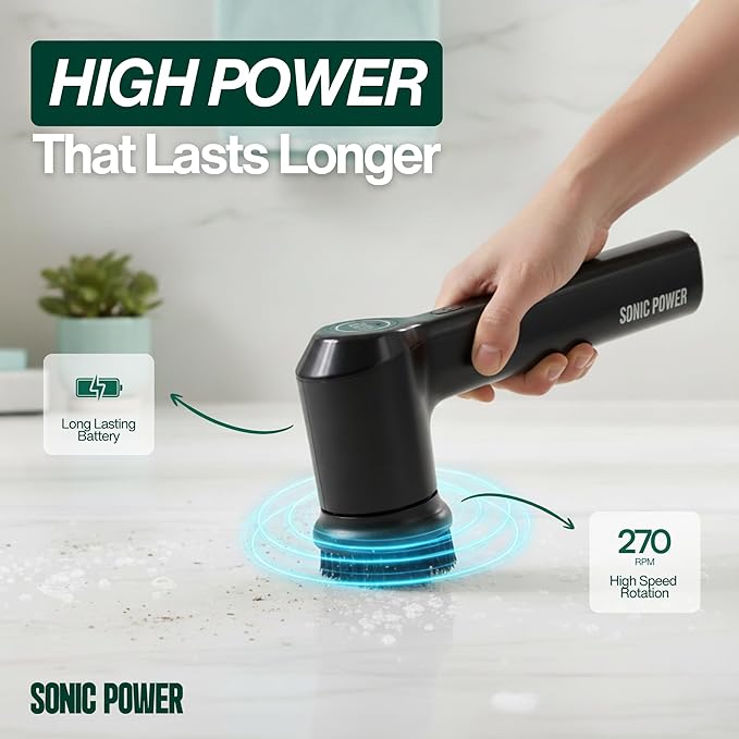 Electric Spin Scrubber – Handheld &amp Ergonomic IPX7 Waterproof 4 Multi-Purpose Brush Heads Long-Lasting Rechargeable Battery – Cleans Dishes Bathroom Tile Grout &amp Kitchen (Black)