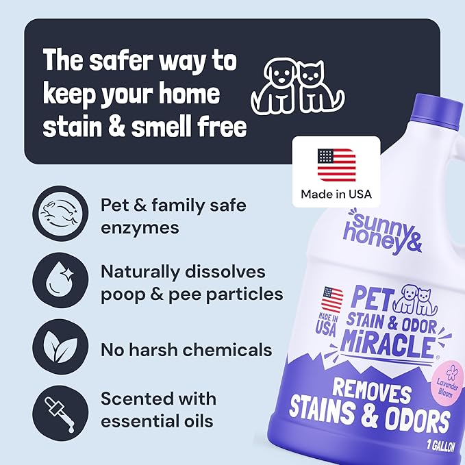 Sunny &amp Honey Pet Stain and Odor Remover - Enzyme Cleaner for Dog Urine and Poop on Carpets and Furniture - Strong Pet Carpet Cleaner Spray (1 Gallon Lavender)