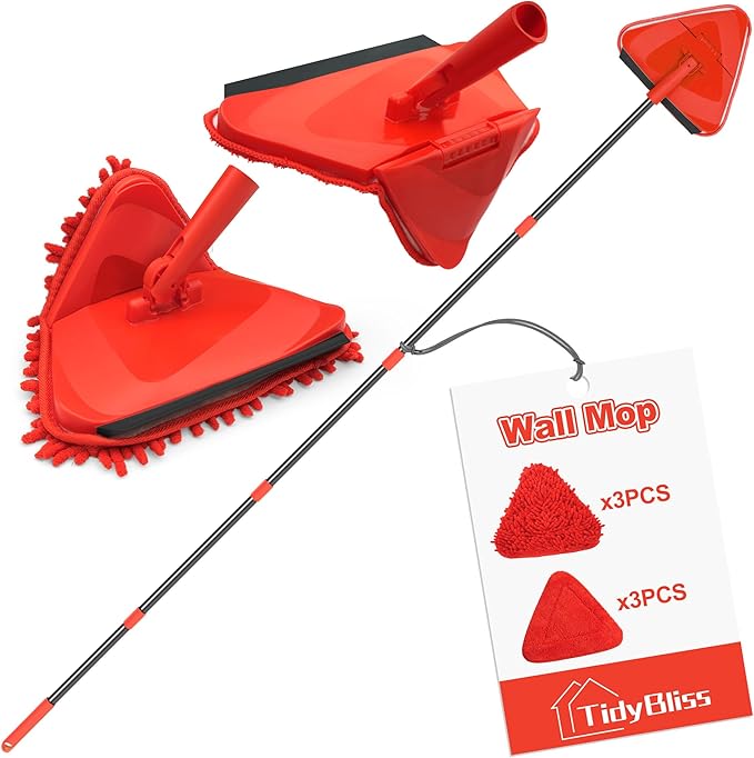 Wall Cleaning Mop with Long Handle 80” Ceiling Duster Scrubber with 360° Swivel Collapsible Head Baseboard Cleaner Tool with 3 Chenille and 3 Microfiber Pads for Windows Floor (Red)
