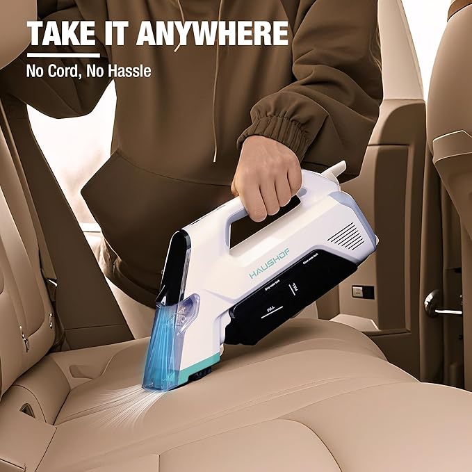 HAUSHOF Handheld Carpet Cleaner 12V Cordless Portable Carpet Cleaner 6.5KPa Spot Cleaner with 2 Water Tanks Type-C Charge Spot &amp Stain Cleaner Handheld Upholstery Cleaner for Stairs Car