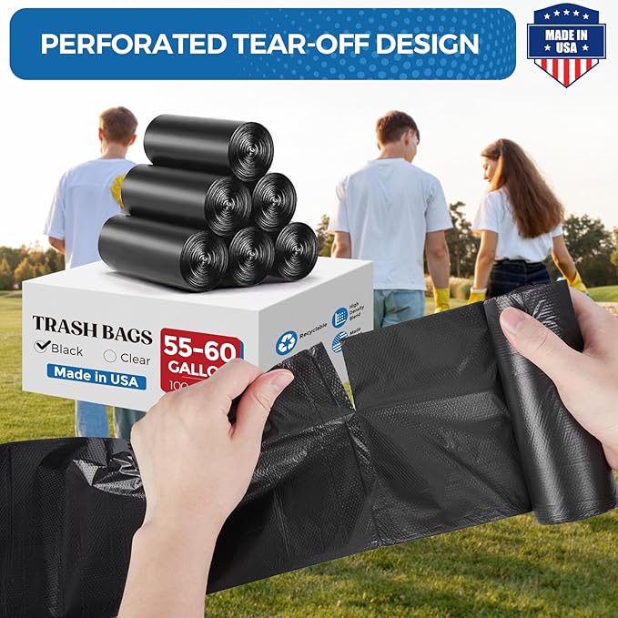 Fuxury 55-60 Gallon Trash Bags 150 Count Black Garbage Bags 38x58 Extra Large Trash Can Liners 0.7 Mil Plastic Bags for Serious Garbage Cleanup Home Yard &amp Commercial Use Made in USA