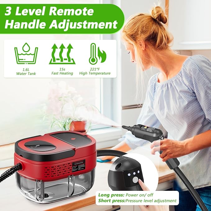 Handheld Steam Cleaner 2500W High Pressure Steamer for Cleaning Portable Steam Cleaner with 1.6L Water Tank 3 Levels Adjustable Handle Steam Cleaner for Home Car Furniture Bed Bugs (Red)