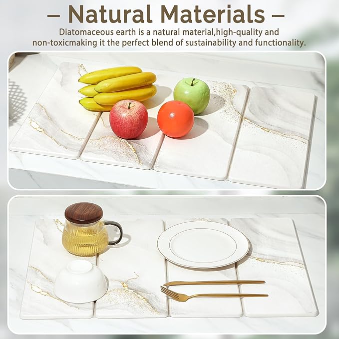 Large Stone Dish Drying Mat for Kitchen Counter 2 PCS Quick Dry Stone Mats Foldable Water Absorbing Diatomaceous Earth Drying Dishes Pad for Countertop Bottle Utensil Cup(Yellow White 24x16&amp8