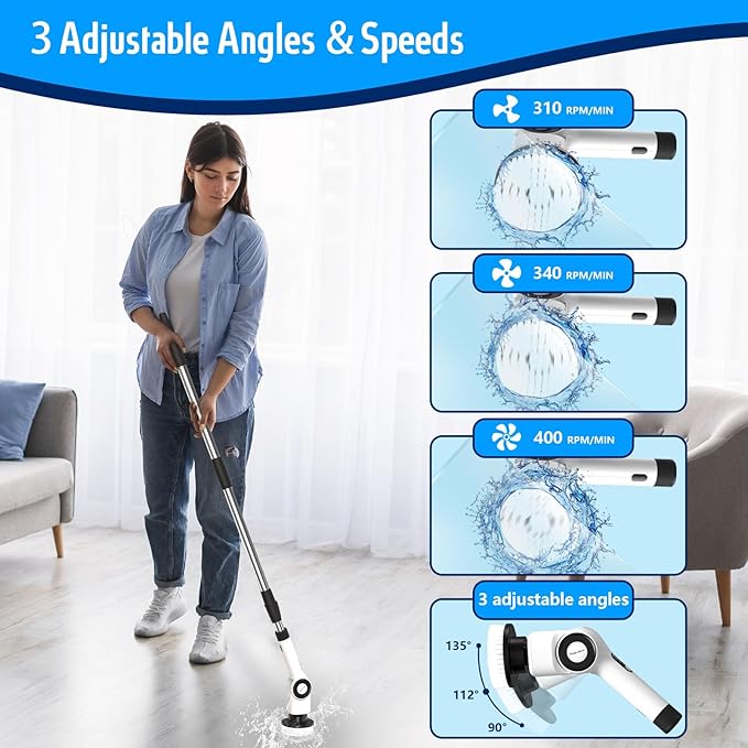 Electric Spin ScrubberCordless Cleaning Brush with 8 Replaceable Brush Heads360°Power Scrubber for Tub and Floor Tilewith 3 Adjustable Speed &amp Rotatable &amp Detachable Handle for Bathroom Kit