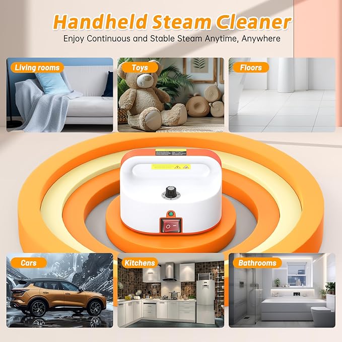 4.5BAR Handheld Steam Cleaner 2500W Portable Steam Cleaner for Home for Car Kitchen Furniture Floors Cleaning Tankless Design 6-Speed Pressurized Steam Machine with 3 Brush Heads Orange