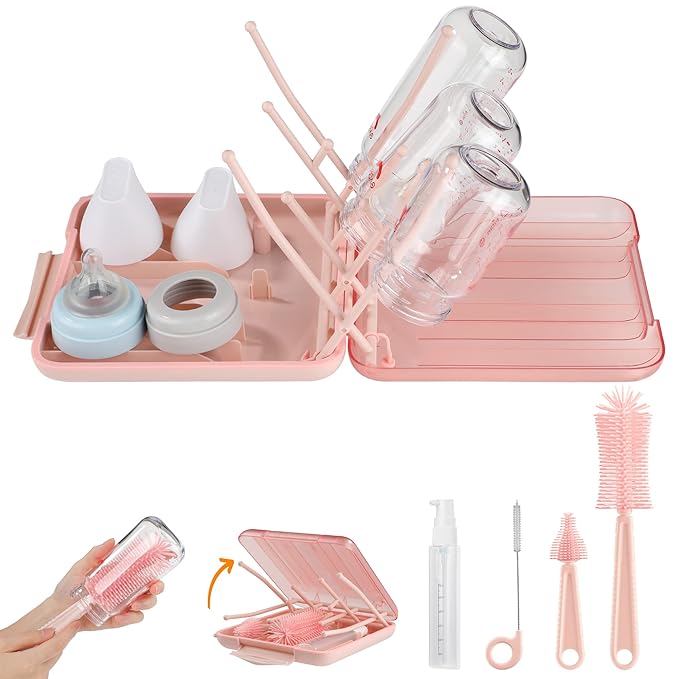 Baby Bottle Brush Set-6 in 1 Bottle Brush Cleaner with Silicone Bottle BrushDrying RackNipple BrushStraw BrushSoap Dispenser&ampStorage Box-Baby Essentials Gifts for Home&ampTravel(Pink)