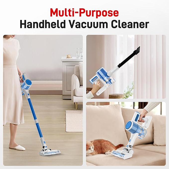KIKETECH Cordless Vacuum Cleaner Stick Vacuum with 45Mins Runtime 8 in 1 Vacuum Cleaners1.8 L Dust Cup Rechargeable Vacuum Pet for Hair Carpet Hardfloor (Blue)