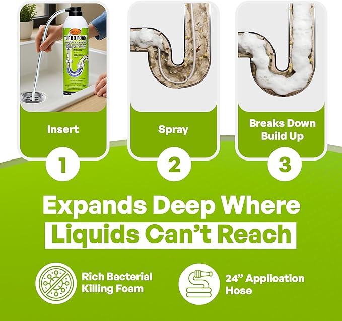 TurboFoam Drain Foam Cleaner Expanding Enzyme Formula Deep-Cleans Pipes Dissolves Fat Oil &amp Grease Stops Odors at the Source – Safe for All Plumbing &amp Septic Systems (Pack of 1)