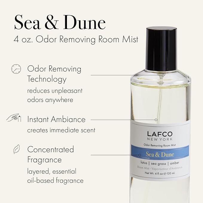 LAFCO New York Odor Removing Room Mist Sea &amp Dune - 4 oz - Eliminates Unpleasant Scents &amp Provides Luxurious Fragrance - Up to 750 Pump Sprays Per Bottle - Made in the USA