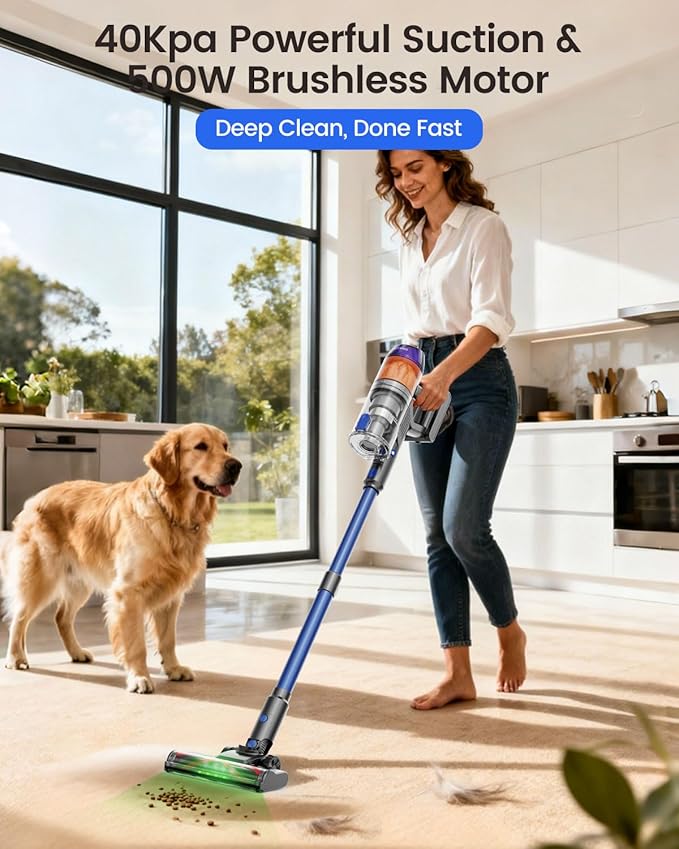Cordless Vacuum Cleaner 500W Vacuum Cleaners for Home Pet Hair 60Mins Cordless Stick Vacuums with LED Display Anti-Tangle Lightweight Vacuum for Hard Floors CarpetBlue