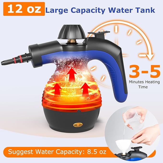 COSTWAY Handheld Steam Cleaner 1050W Portable Household Steamer with 9 Accessories 12 oz Water Tank Multipurpose Pressurized Steam Cleaning Machine for Floor Window Grease Grime (Blue)
