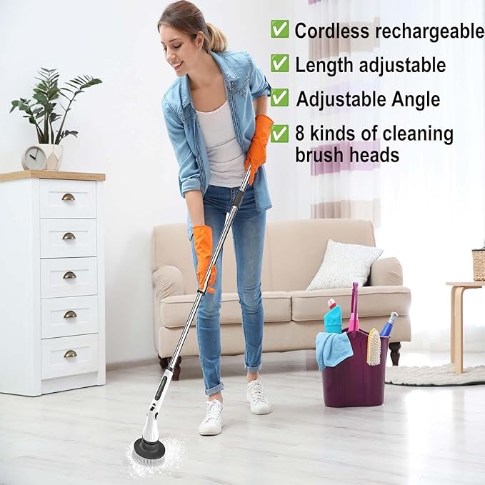 Electric Spin Scrubber 8 in 1 Electric Cleaning Brush Cordless Rechargeable Scrub Brush with 8 Replaceable Brush Heads Adjustable Length and Angle Power Scrubber for Bathroom Tile Bathtub Glass