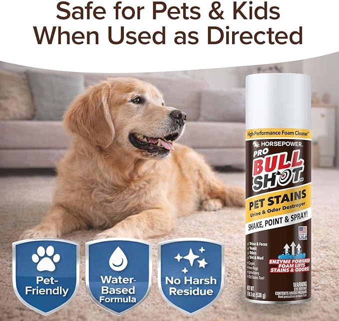 Bull Shot Pet Pro Stain Remover AS SEEN ON TV Urine &amp Odor Emulsifier Enzyme-Powered Professional Strength Foam for Urine Feces Vomit Odors Dirt On Carpet Area Rugs Upholstery Old Stains