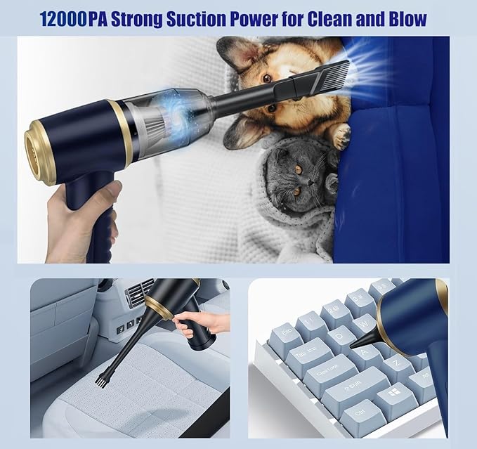 Car Vacuum Cleaner Cordless 120W high Power Portable Mini Vacuum with 12000Pa Hand Held Vacuum Strong Suction Electric Compressed Air Duster Blower for Car Desk Keyboard Home