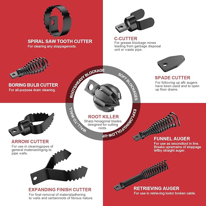 100 ft x 1/2 inch POPULO Auto Feed Electric Drain Snake Auger for 2 to 4 Inch Pipes Sewer Plumbing Snake Auger Heavy Duty Drain Cleaner Machine with 8 Cutters &amp 1 Root Killer &amp Gloves