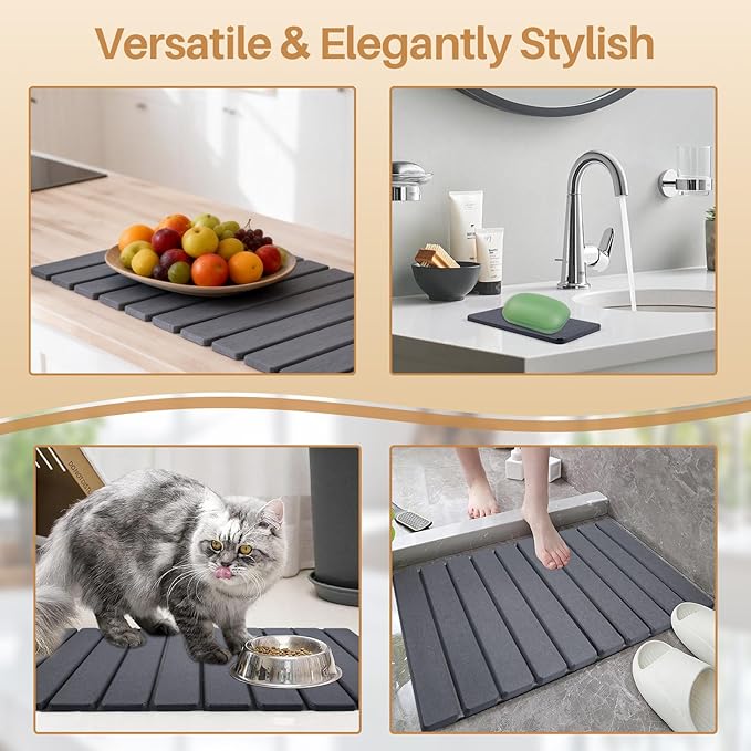 2 PCS Quick Dry Stone Dishes Mats for Kitchen CounterCollapsible Quick Drying Dish MatsUltra Absorbent Diatomaceous Earth Mats for Dishes Bottles Cups Match Any Countertop（Dark Gray 24×16&amp 8