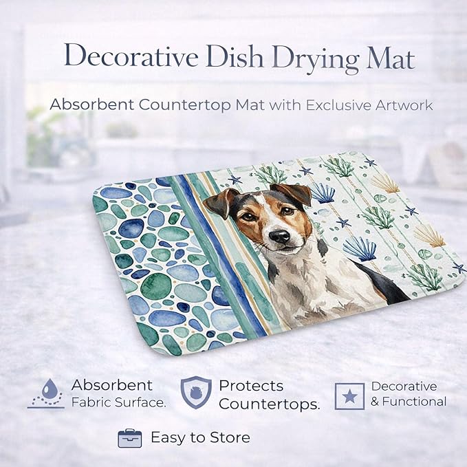 Caroline's Treasures Tricolor Russell Terrier Coastal Sea Glass Dish Drying Mat Absorbent Dish Drying Mat Pad for Kitchen Counter Dish Drainer Mat for Countertop 14 x 21 Multicolor