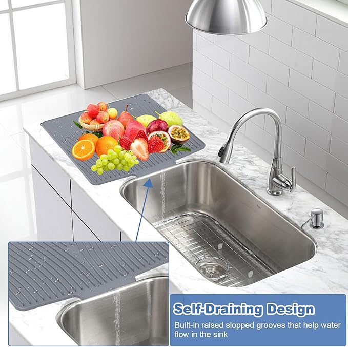 Silicone Dish Drying Mat with Drain Lip 23.6'' x 17.9'' Non-Slip Silicone Dish Drying Mat for Kitchen Counter Heat Resistant Dish Drying Pad Quick Dry Self-draining Dish Drainer Mat Board Grey
