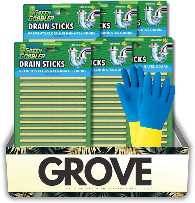 6x Green Gobbler Strip Drain Cleaner and Deodorizer 1.47 oz Bundle with Cleaning Gloves – Drain Smell Eliminator &amp Breaks Down Matter in Drains – Easy-to-Use Deodorizing Strips – Gift Set (7 Items