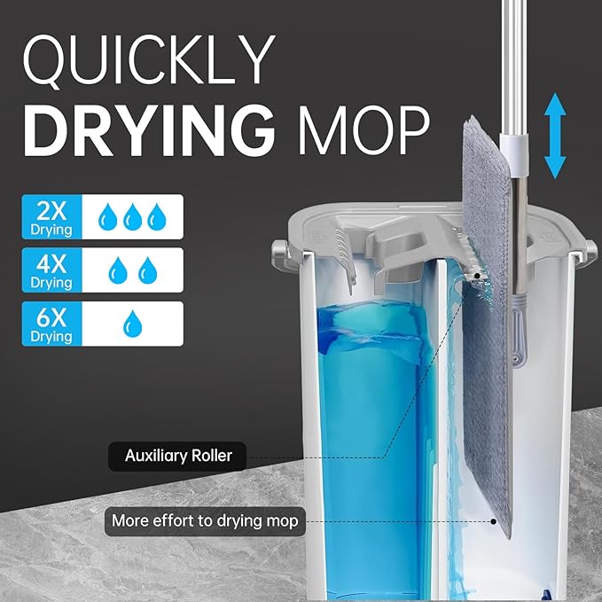 Wall Floor Mop Kit: Long Handle Scrubber with Wringer Bucket Washable Microfiber for Kitchen Bathroom &amp Hardwood - Women’s All-Purpose Cleaning Tools