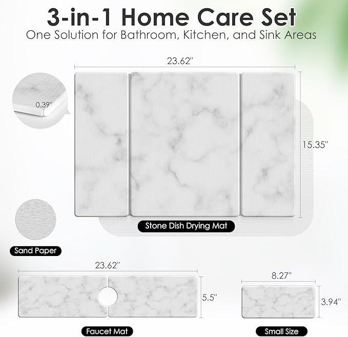 3 PCS Large Stone Dish Drying Mat for Kitchen Counter -24x16 Absorbent Diatomaceous Earth Mat with Stone Faucet Mat &amp Soap Tray - Quick Dry Collapsible Non-Slip Countertop Organizer