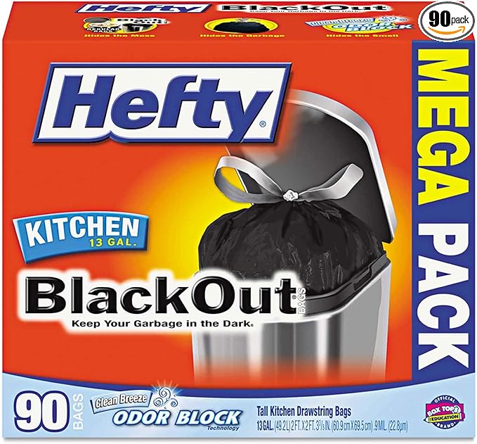 Hefty Strong Tall Kitchen Drawstring Trash Bags White 13 Gal 0.9 Mil 90/Box