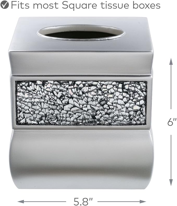 Creative Scents Crackled Glass Silver Tissue Box Cover Square - Decorative Tissue Box Holder - Tissue Holder Vessel for Bathroom with Durable Bottom Slider Elegant Home or Bathroom Decor